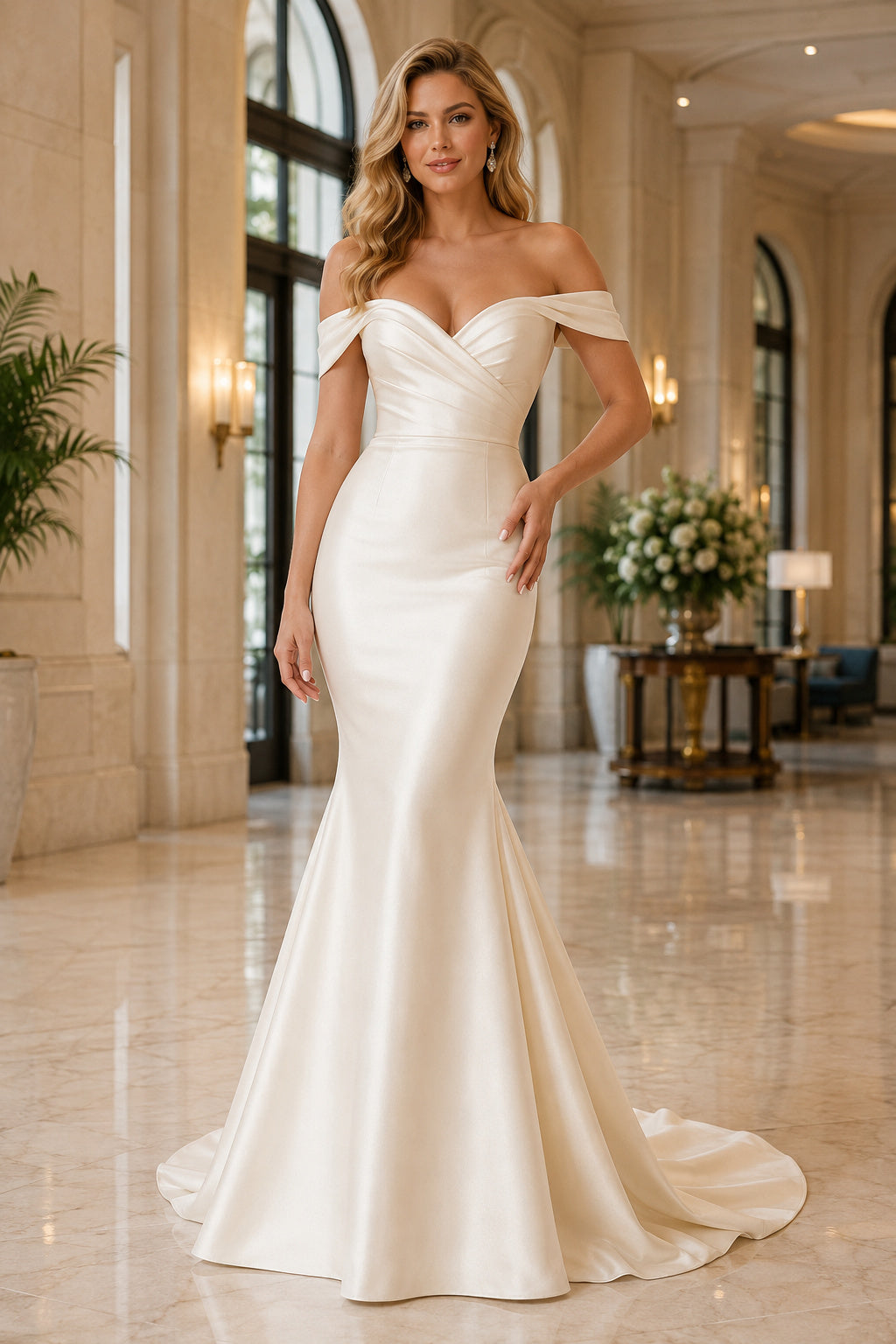 Ivory Off-the-Shoulder Satin Mermaid Wedding Dress with Sweetheart Neck and Sweep Train front view