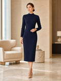 Dark navy long sleeve high neck pencil modest work dress front view