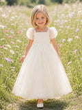 Flower Girl Dress Ivory Tulle A-Line Puff Sleeve Square Neck Tea Length Bow Back front view
