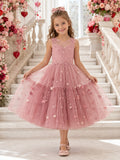 Romantic Luxury Flower Girl Dress Jewel Neck Sleeveless Dusty Rose Tiered Tulle Tea Length front view