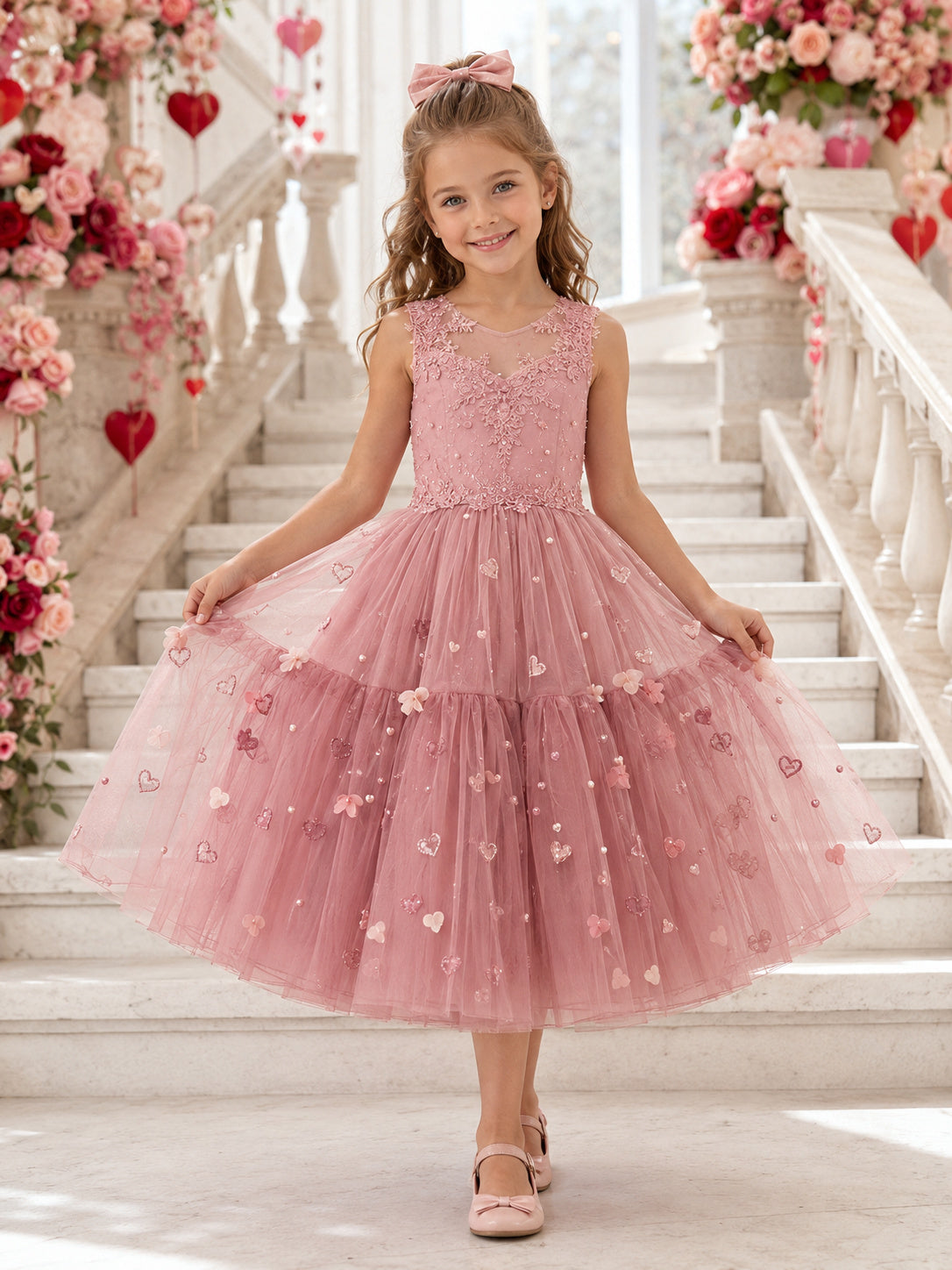 Romantic Luxury Flower Girl Dress Jewel Neck Sleeveless Dusty Rose Tiered Tulle Tea Length front view