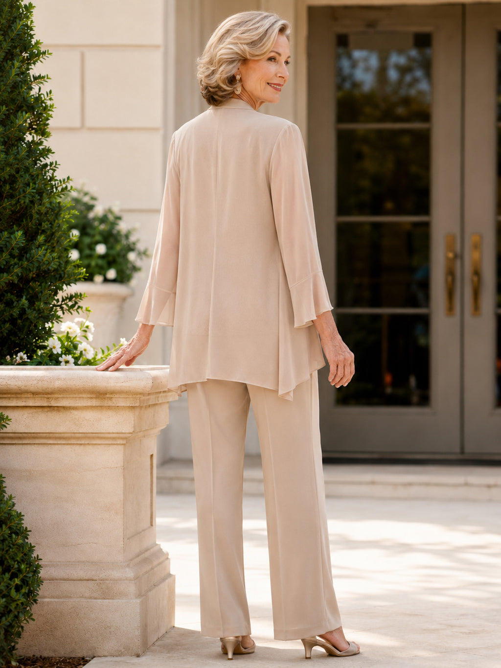 Champagne Elegant Scoop Three-Quarter Flowing Chiffon Jacket Beaded-Top Wide-Leg Grandmother of the Bride Pantsuit Outfit bac