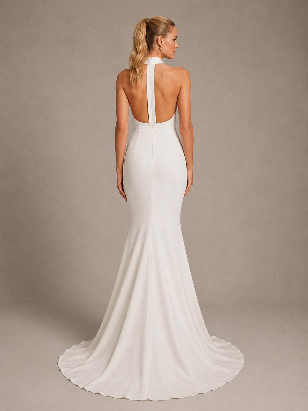 Minimalist Satin Wedding Dress Mermaid Halter Sleeveless Sweep Train Bridal Gown Style 722024 back view