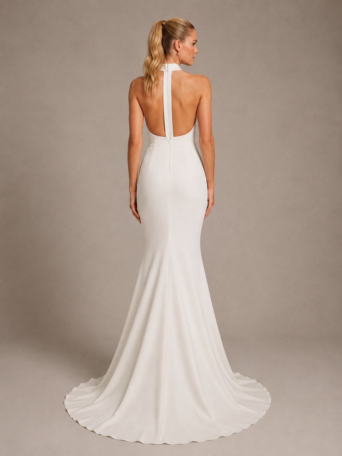 Minimalist Satin Wedding Dress Mermaid Halter Sleeveless Sweep Train Bridal Gown Style 722024 back view