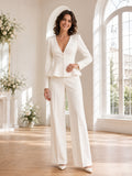 Modern Deep V Neck Peplum Long Sleeve Wide Leg Civil Wedding Pantsuit front view