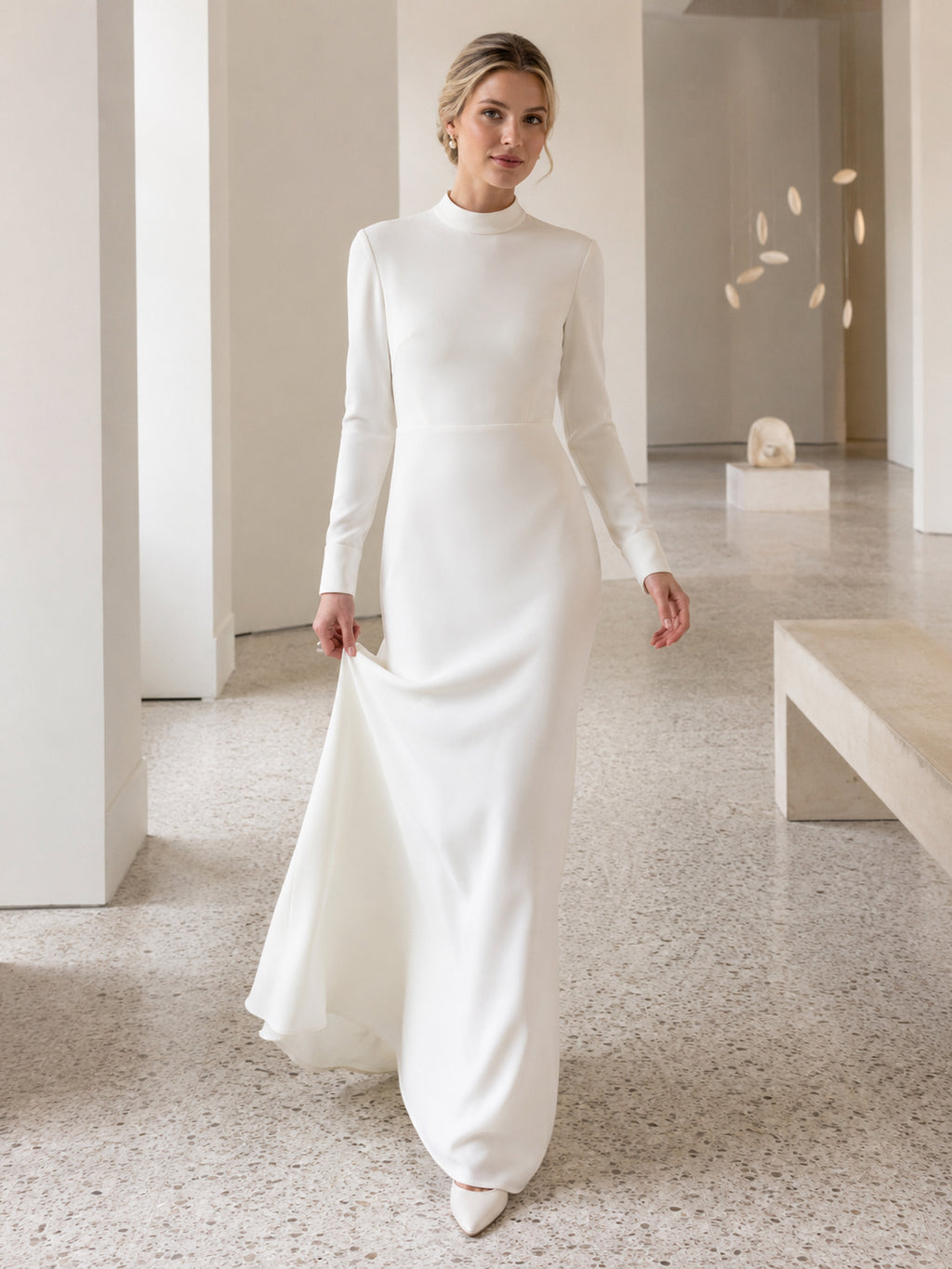 High Neck Long Sleeve Crepe Column Wedding Dress front view