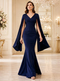 Navy V neck cape sleeve mermaid floor length evening gown front view