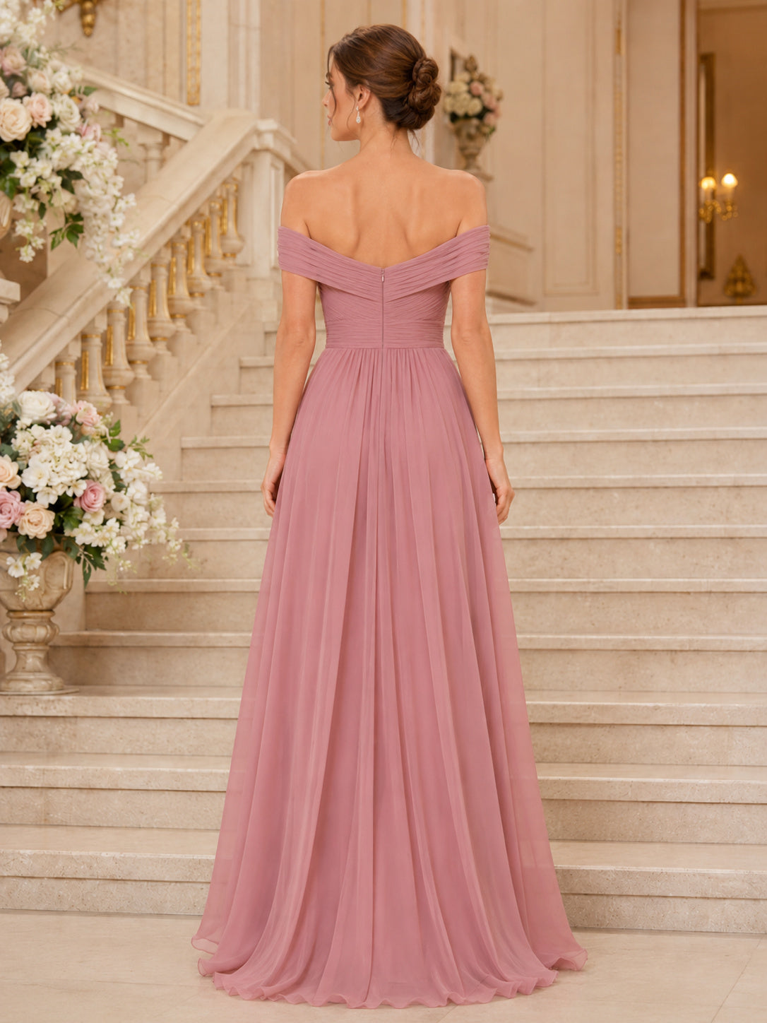 Dusty Rose Evening Gala Wedding Guest Bridesmaid Evening Formal Dress A-Line Floor-Length Off-Shoulder Sweetheart Neck Sleeve