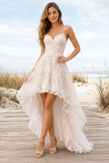 Blushing Pink Spaghetti Strap High-Low Lace Wedding Dress with Tulle Train for Garden Reception front view