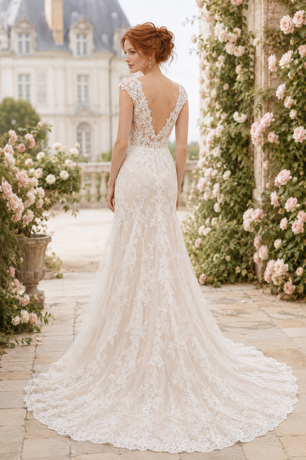 Ivory Cap Sleeve Mermaid Lace Wedding Dress with Plunging V-Neck and Low Back back view