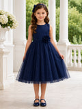 Dark Navy Flower Girl A-Line Tulle Jewel Neck Sleeveless Floral Tea-Length Party Dress front view