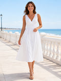White Sleeveless V Neck Cotton Summer Occasion Midi Dress front view