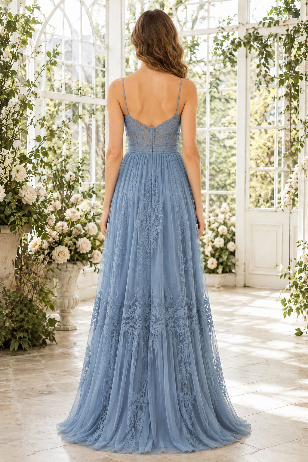 Steel Blue Spaghetti Lace A-Line Formal Dress with Applique Bodice and Tiered Tulle Skirt back view