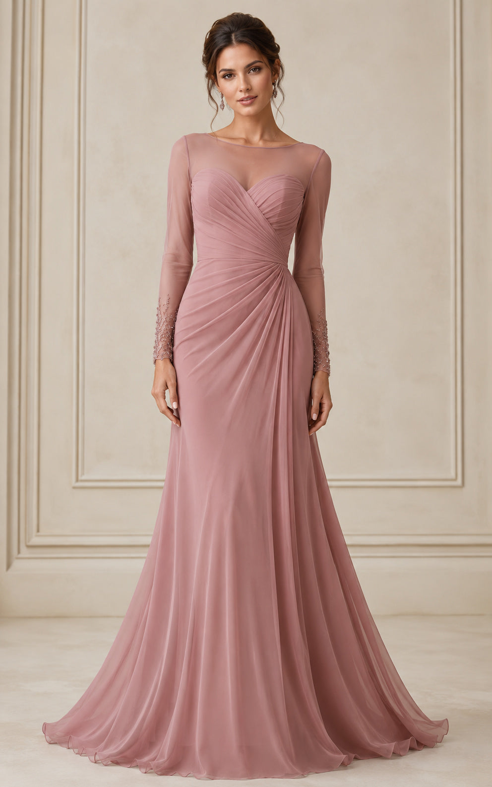 Dusty Rose Chiffon Evening Gown with Illusion Sleeves Ruched Mermaid Skirt front view