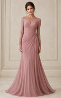 Dusty Rose Chiffon Evening Gown with Illusion Sleeves Ruched Mermaid Skirt front view