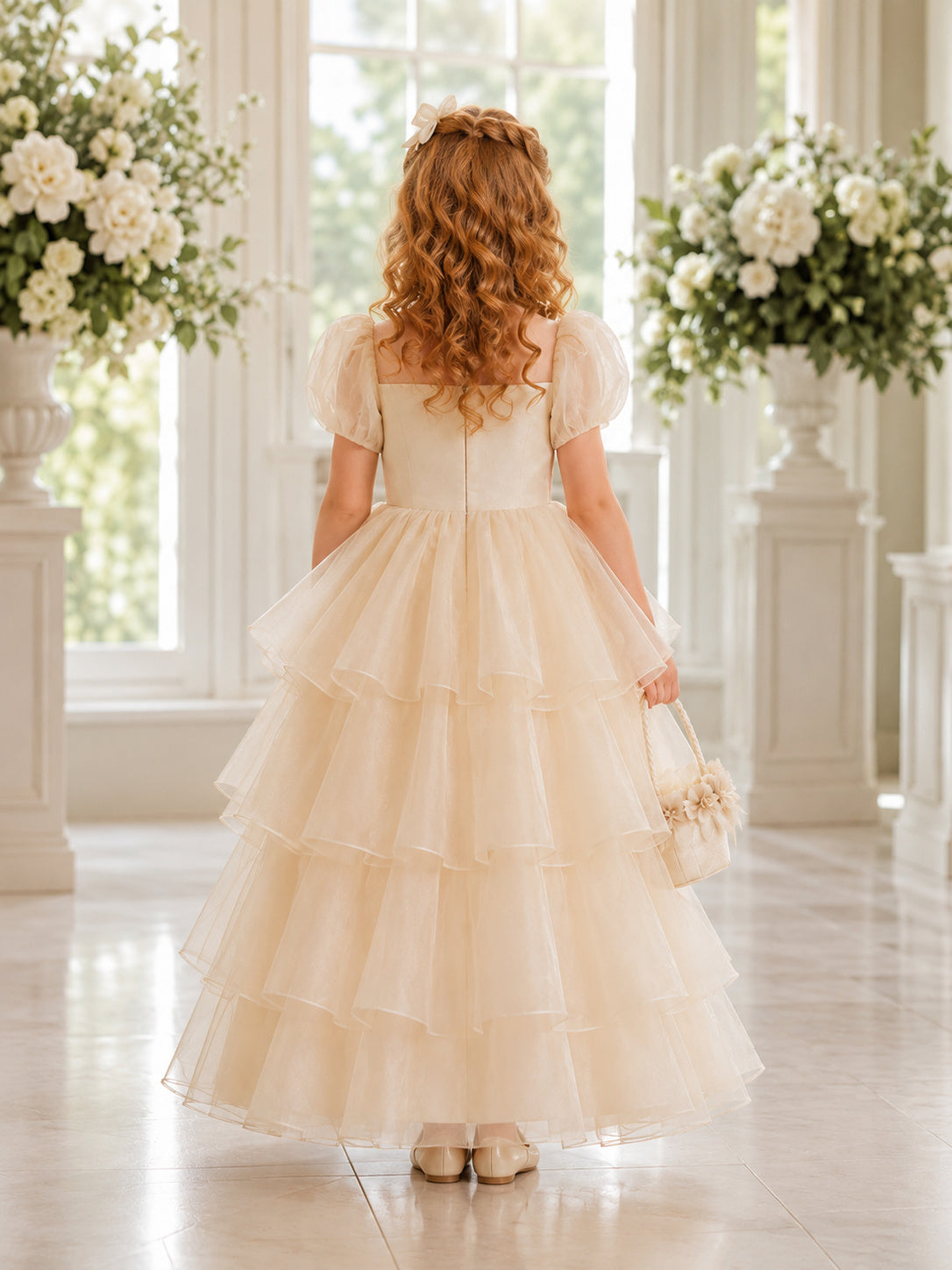 Champagne Tiered Organza A-Line Layered Ruffle Flower Girl Dress, Short Sleeve Cap, Off-the-shoulder Floor-Length Garden back