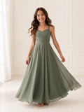 Flower Girl Dress Sage Chiffon A-Line Sleeveless V-Neck Floor Length front view