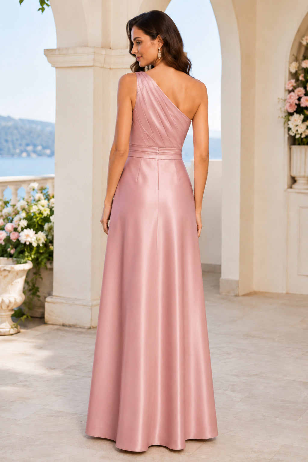 Sage One Shoulder Wedding Guest Sheath Dress back view