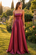 Burgundy Square Neck Floor-Length Satin A-Line Dress