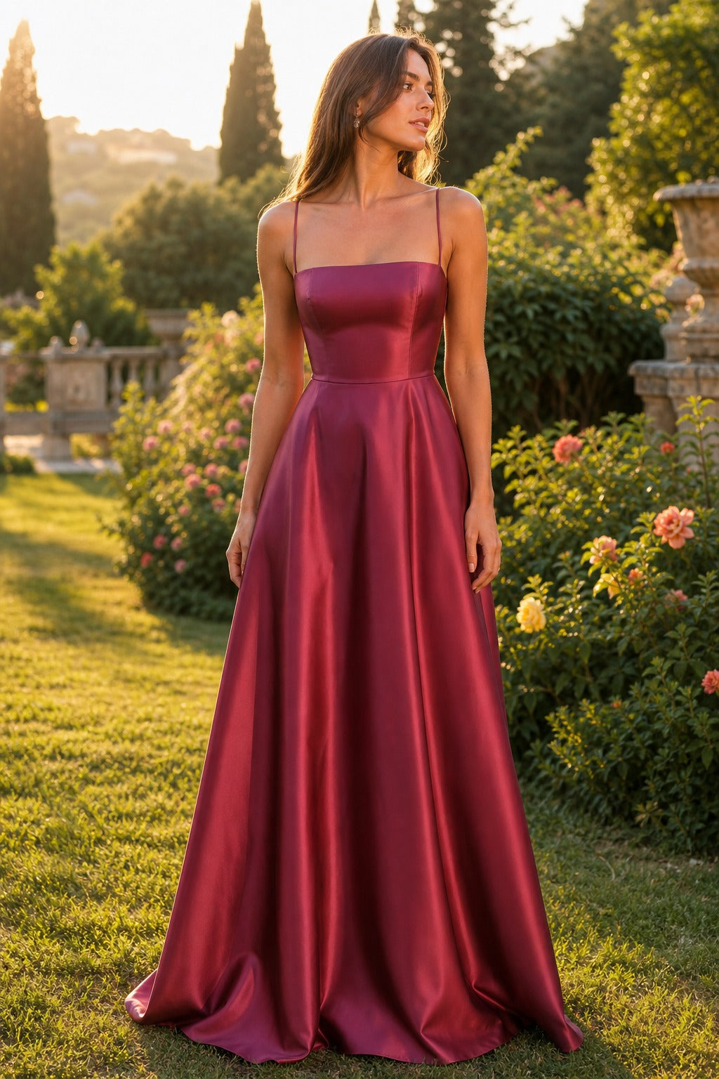 Burgundy Square Neck Floor-Length Satin A-Line Dress