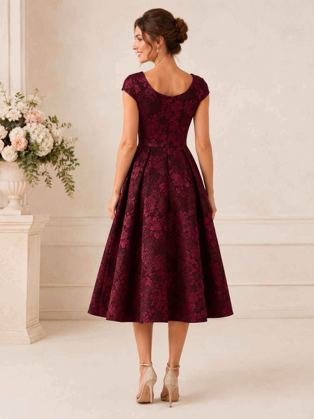 Burgundy Floral Jacquard Square Neck Cap Sleeve A Line Occasion Dress back view