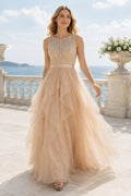 Champagne High Neck Lace Bodice with Flowing Tulle Skirt Floor Length A-Line Prom Dress front view