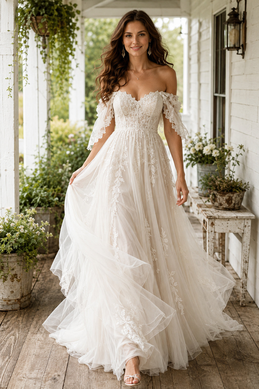 Off the Shoulder A-Line Wedding Dress with Lace Bodice and Layered Tulle Train for Rustic Garden Ceremony front view