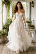 Off the Shoulder A-Line Wedding Dress with Lace Bodice and Layered Tulle Train for Rustic Garden Ceremony front view