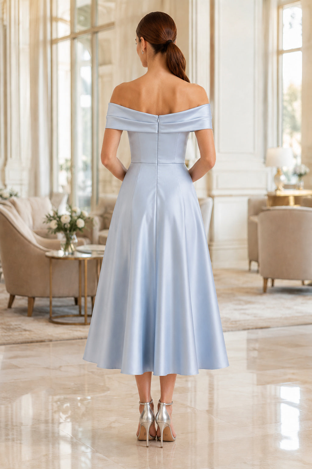 Sky Blue Satin Midi Wedding Guest Sheath Dress back view