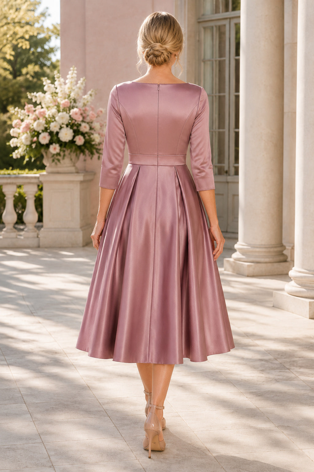 Sage Modest Wedding Guest Sheath Dress back view