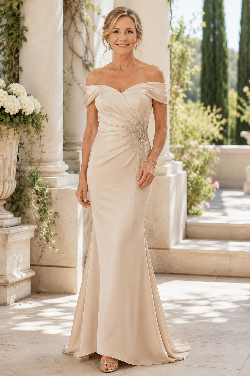 Ivory Off Shoulder Satin Mermaid Mother Dress with Ruching and Beaded Side Detail front view