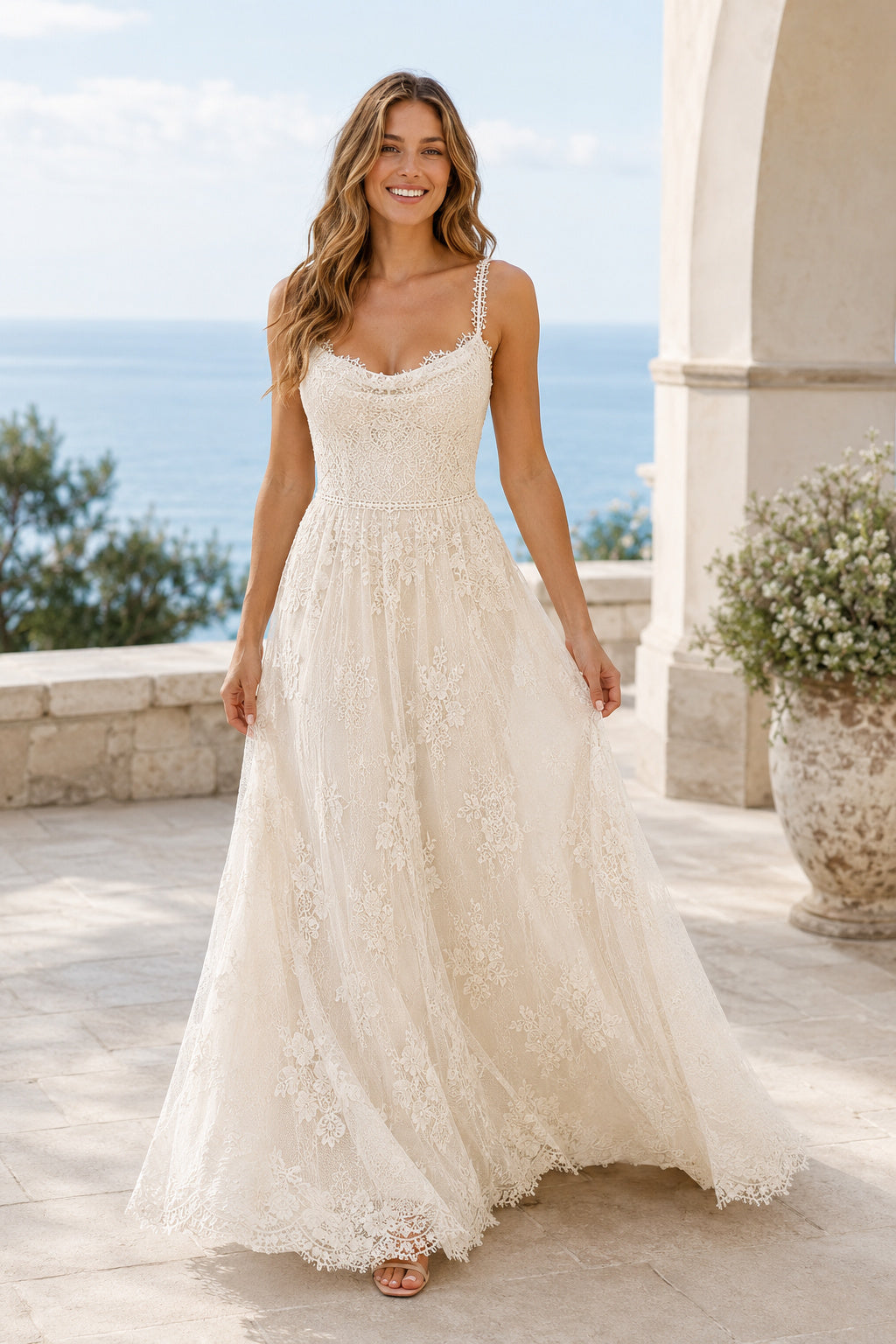 Scoop Neck Strap A-Line Wedding Dress with Lace Bodice and Soft Tulle Sweep Train front view