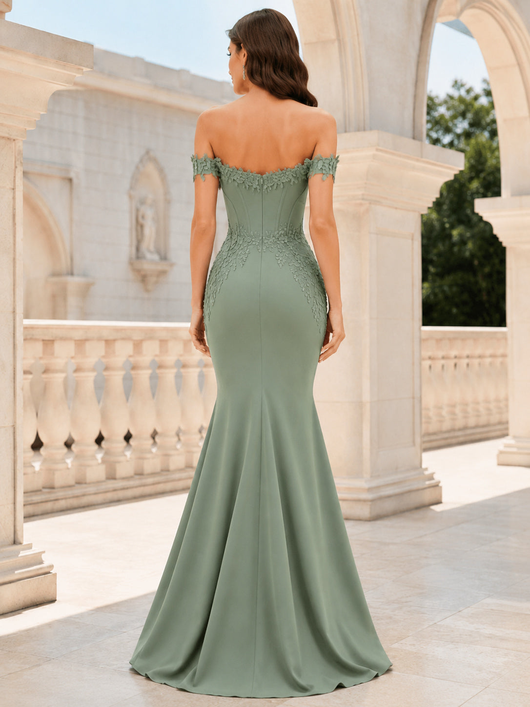 Sage Off Shoulder Floral Applique Mermaid Formal Dress back view