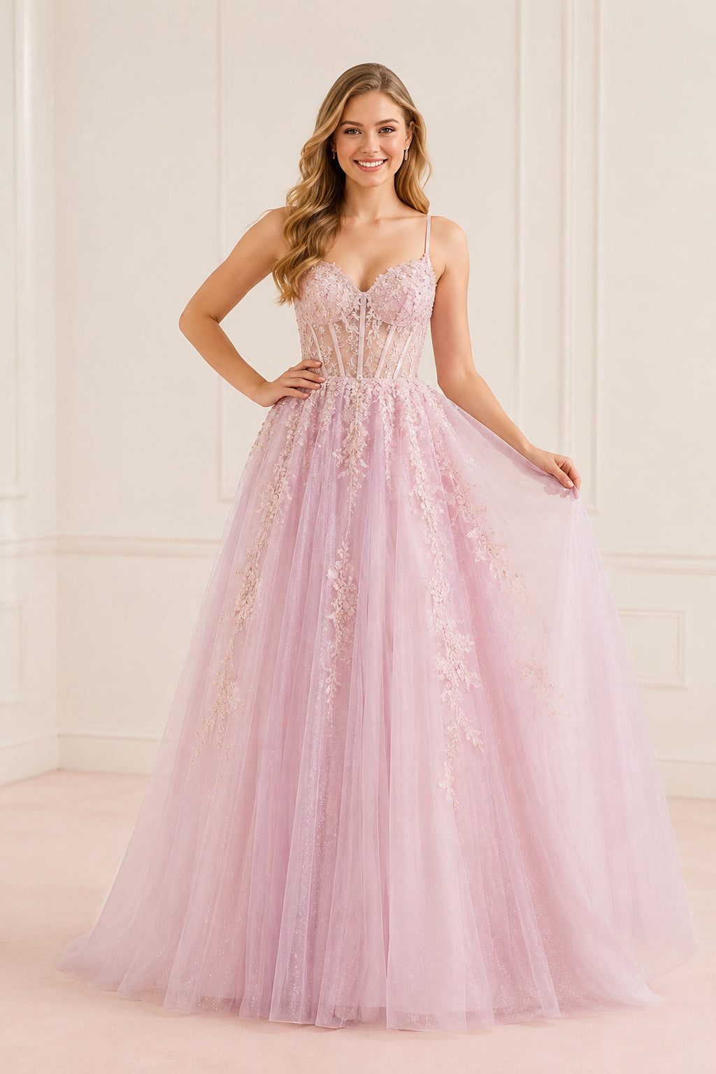Pearl Pink Spaghetti Strap Tulle A-Line Prom Dress with Lace Corset Bodice front view
