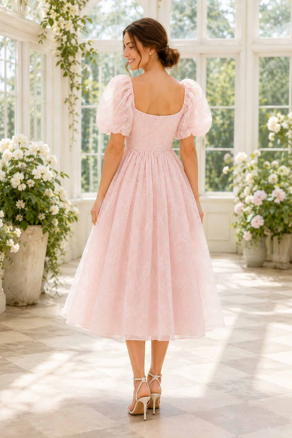 Pearl Pink Square Neck Puff Sleeve Simple Tulle Skirt Tea Length A-Line Homecoming Dress back view