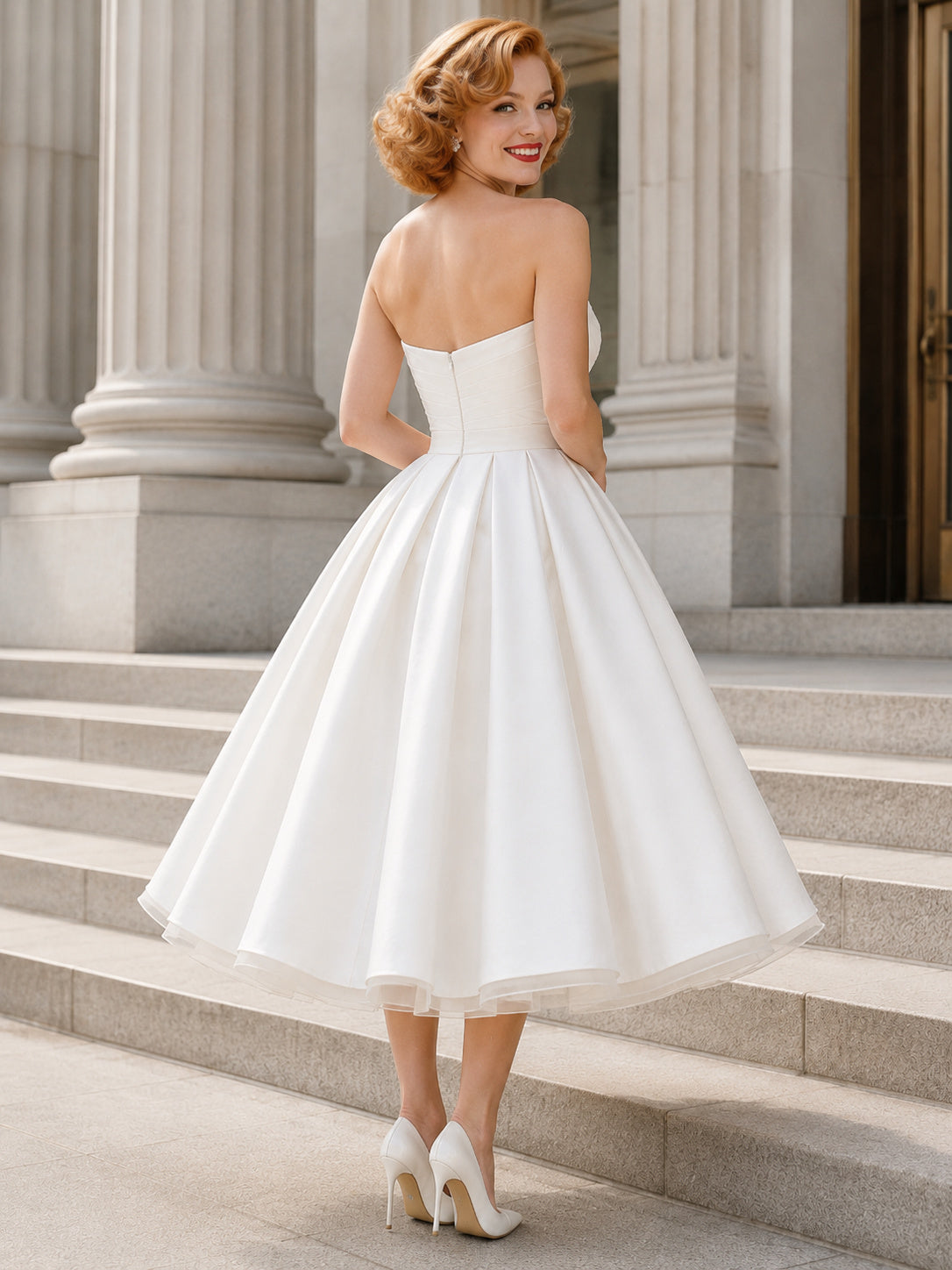 1950s Vintage Strapless Sweetheart Satin A-Line Tea-Length Courthouse Wedding Dress back view