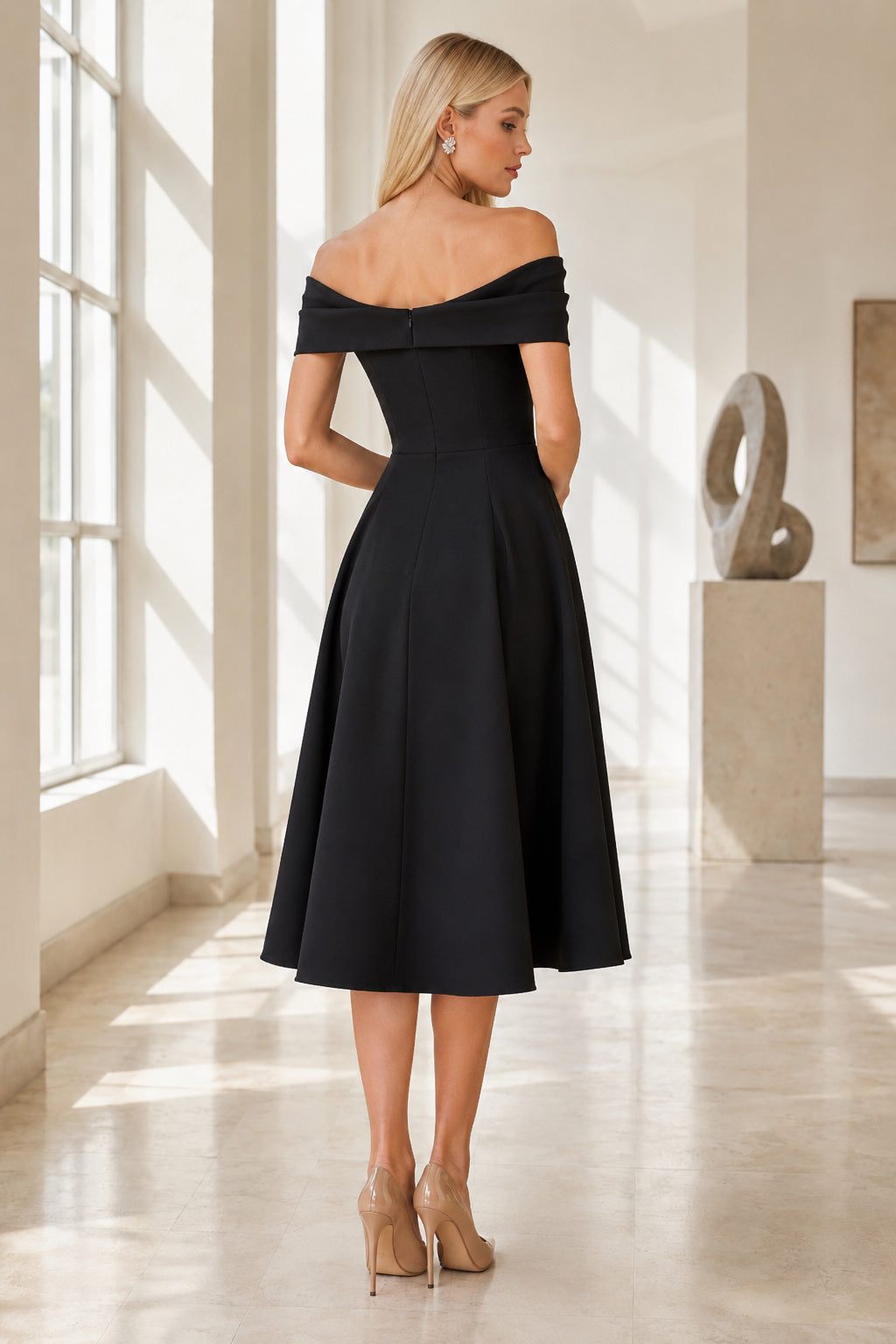 Black Off Shoulder Satin Tea-Length A-Line Formal Dress back view