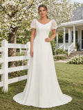 Country Chiffon Wedding Dress A-Line V-Neck Puff Sleeve Floor Length Low V Back Bridal Gown front view