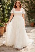 Plus Size Ivory Square Neck Cap Sleeve Lace Tulle A-Line Wedding Dress with Cap Sleeves and Soft Chiffon Skirt front view