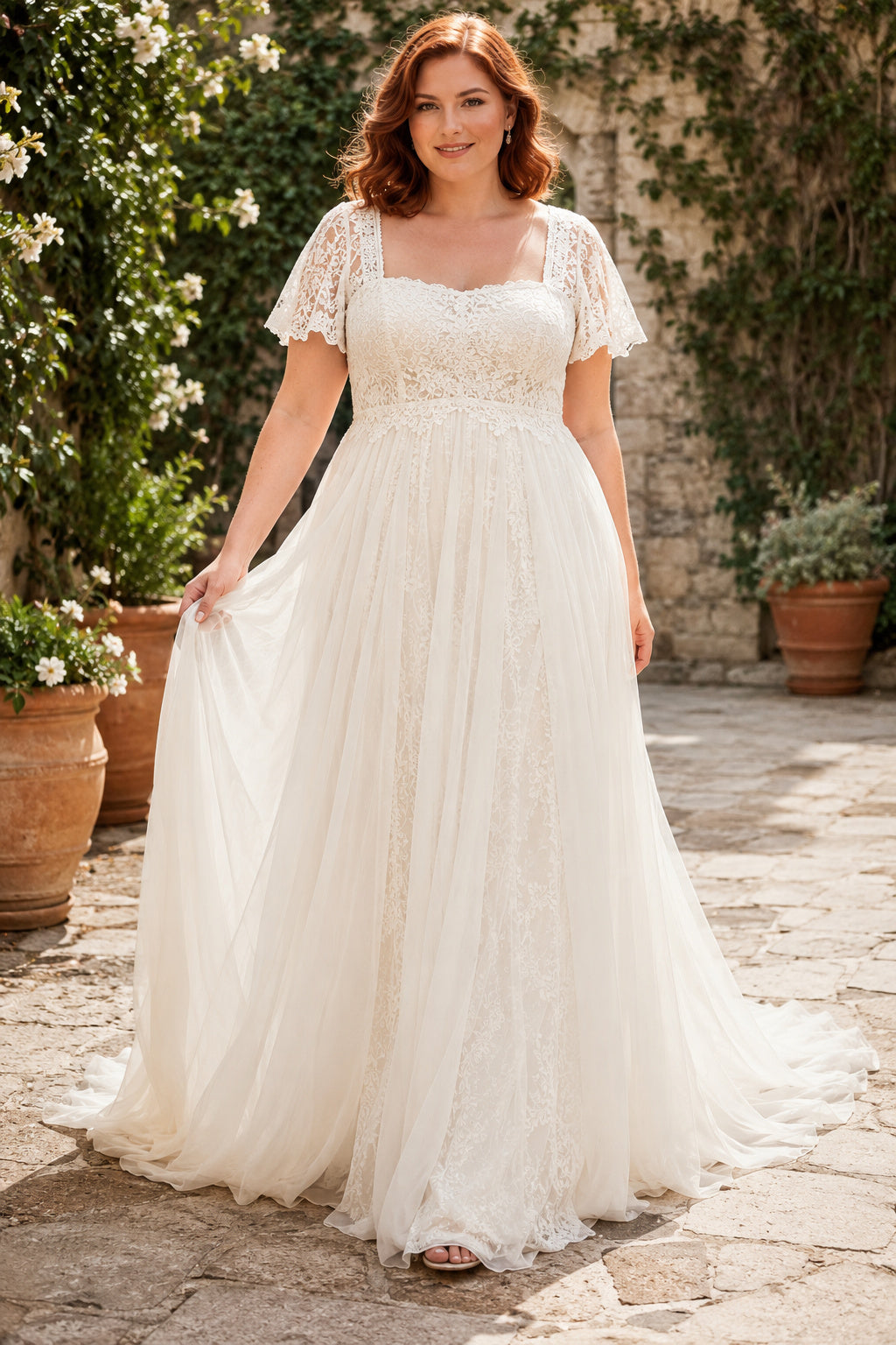 Plus Size Ivory Square Neck Cap Sleeve Lace Tulle A-Line Wedding Dress with Cap Sleeves and Soft Chiffon Skirt front view