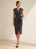 Charcoal cap sleeve wrap sheath midi interview dress front view