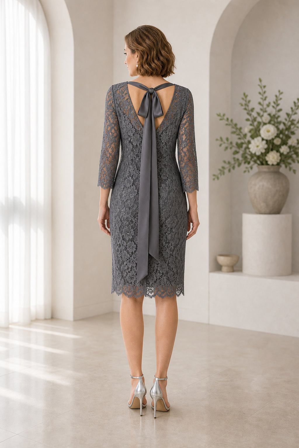 Charcoal Bateau Three-Quarter Sleeves Sheath Lace Knee-length Dress With Lace and Bow