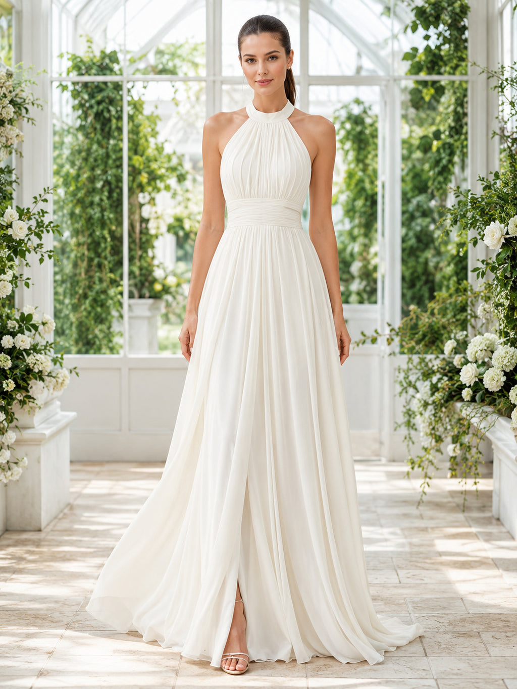 Boho Pleated Halter Neck Sleeveless Backless Chiffon A-Line Floor Summer Wedding Gown front view
