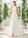 Boho Pleated Halter Neck Sleeveless Backless Chiffon A-Line Floor Summer Wedding Gown front view