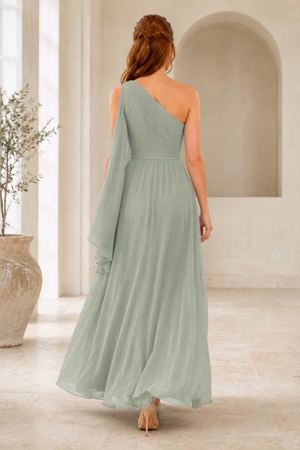 Sage One-Shoulder Chiffon A-Line Bridesmaid Dress with Draped Shoulder and Flowing Skirt back view