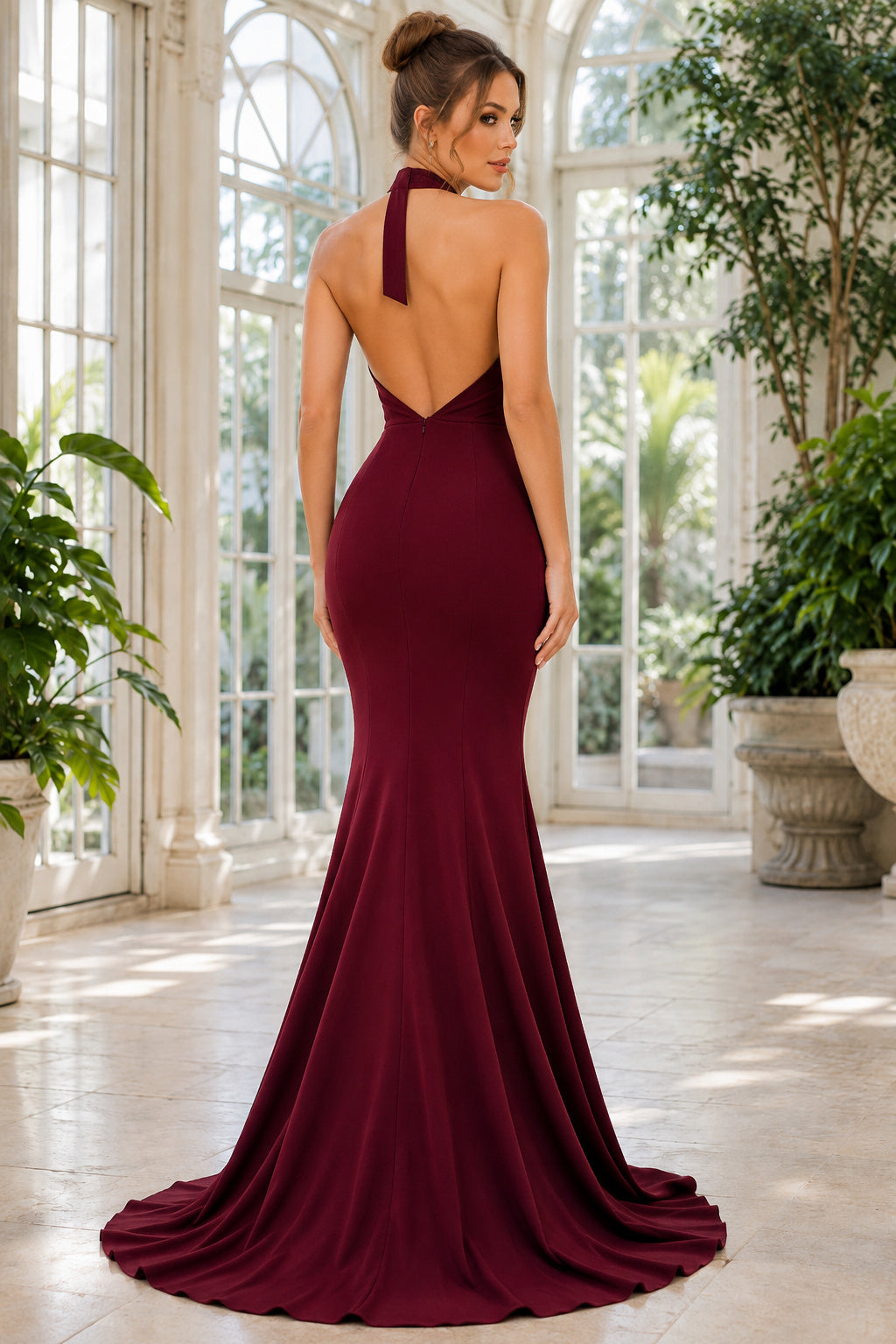 Burgundy Halter Jersey Mermaid Evening Dress with Deep-V Back and Sweep Train back view