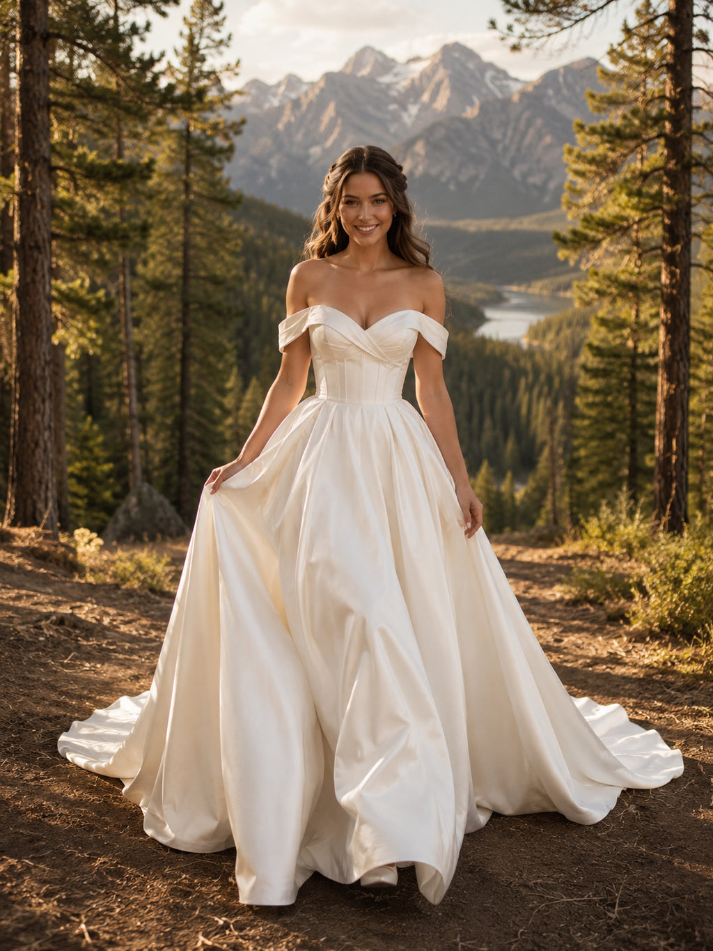 Off Shoulder Sweetheart Satin Ball Gown Chapel Train Mountain Wedding Dress front view
