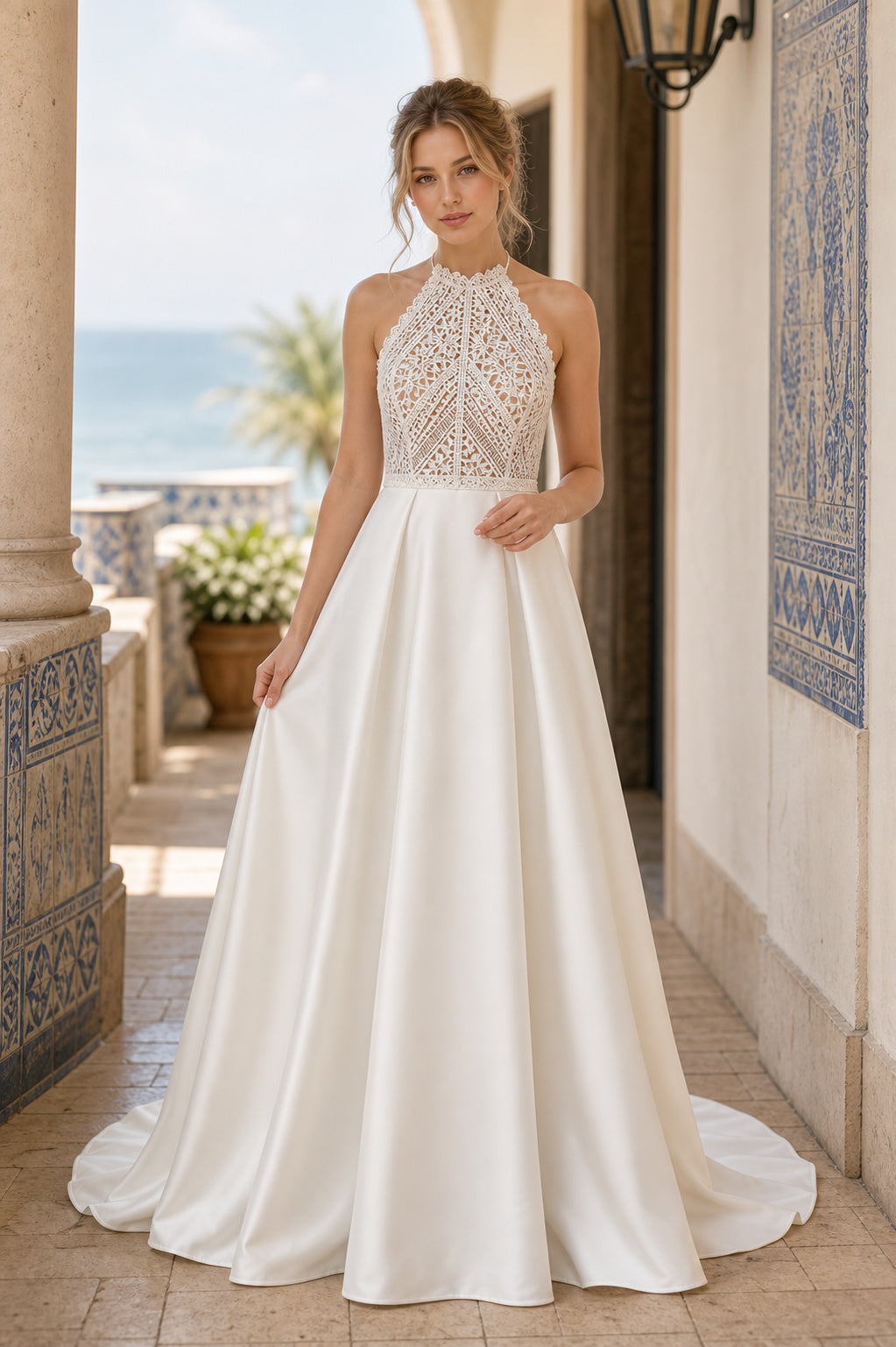 Ivory Halter A-Line Crepe Floor-length Wedding Dress With Floral Appliques and Front Slit and Open Back Lace Hem Detail