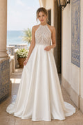 Ivory Halter A-Line Crepe Floor-length Wedding Dress With Floral Appliques and Front Slit and Open Back Lace Hem Detail