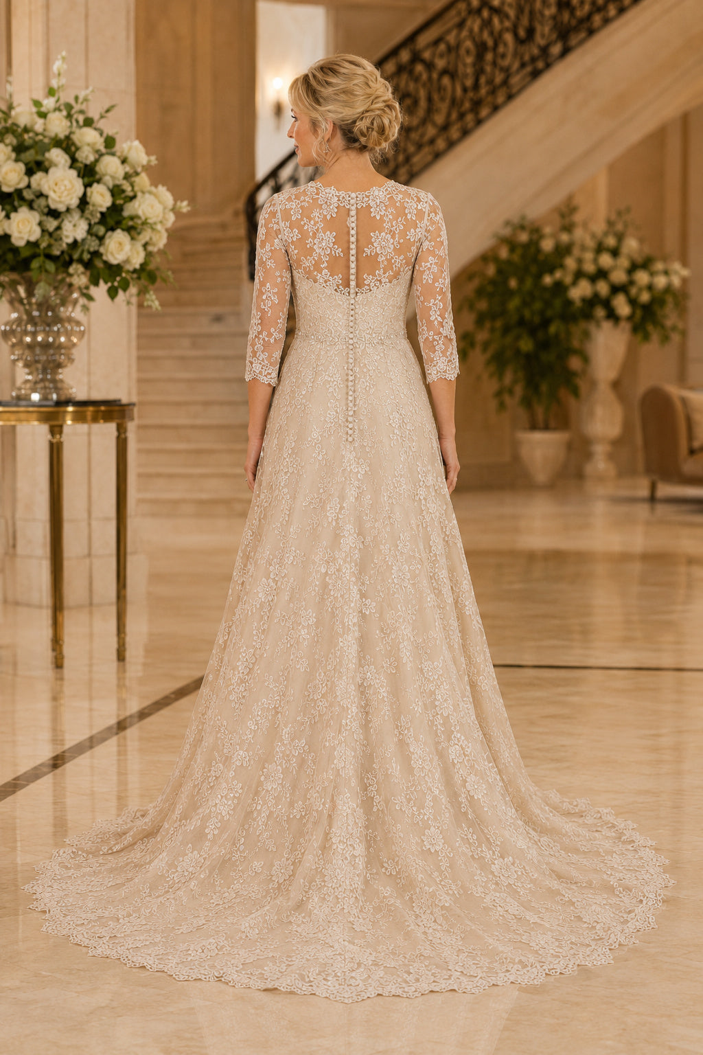 Champagne Lace A-Line Mother Dress with Illusion Three Quarter Sleeves and Train back view